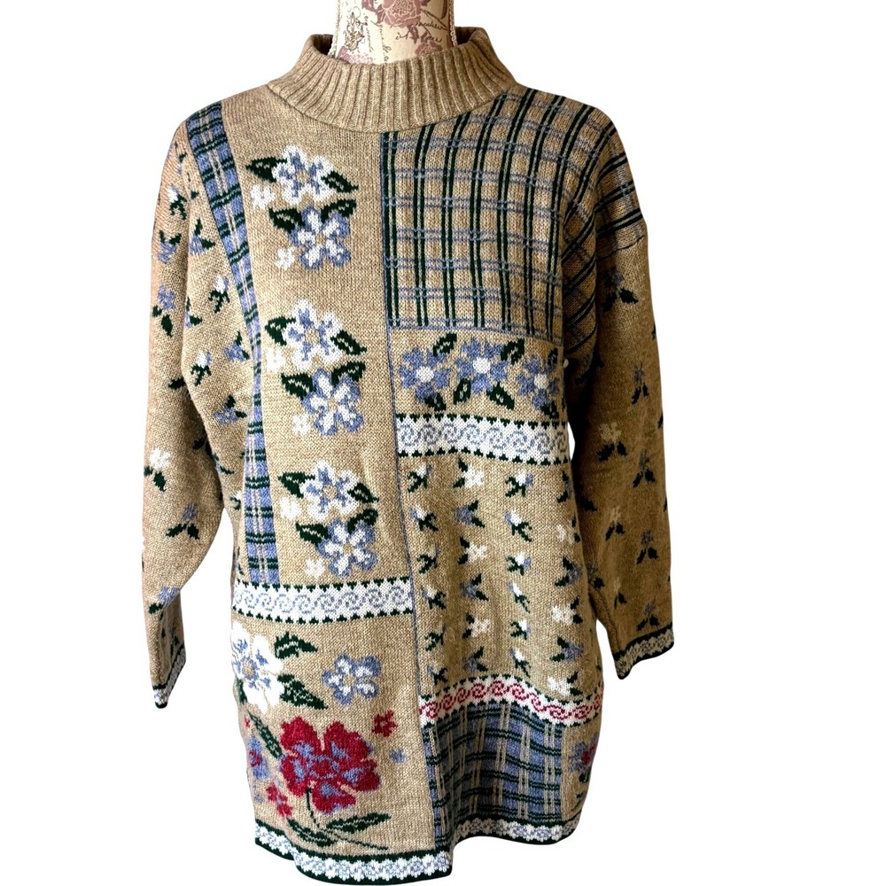 Vintage Patchwork Floral Knit Sweater Wool Blend cottagecore Tan – Women's‎ L